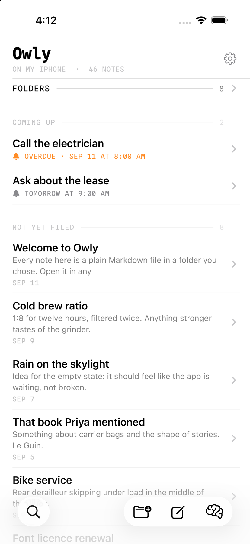 Owly on iPhone: the vault named and counted under the wordmark, one line leading to the folders, then the notes — each showing its own first line, the date, the folder it lives in, and one reminder marked overdue.