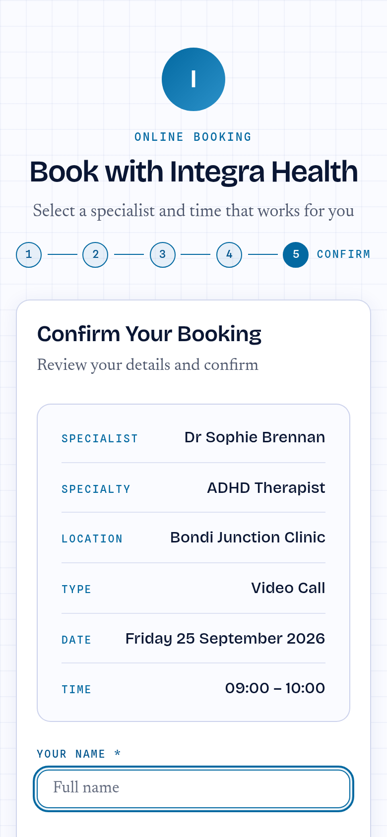 The last booking step on a phone: a summary of practitioner, specialty, location, video call, date and time, above the first details field.